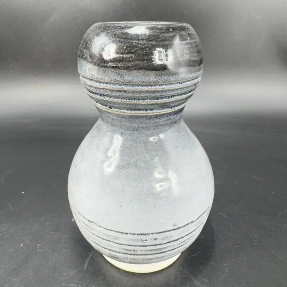 Primitive Style Art Pottery Bud Vase Round Bottom‎ Gray Black Lines Glaze Vase